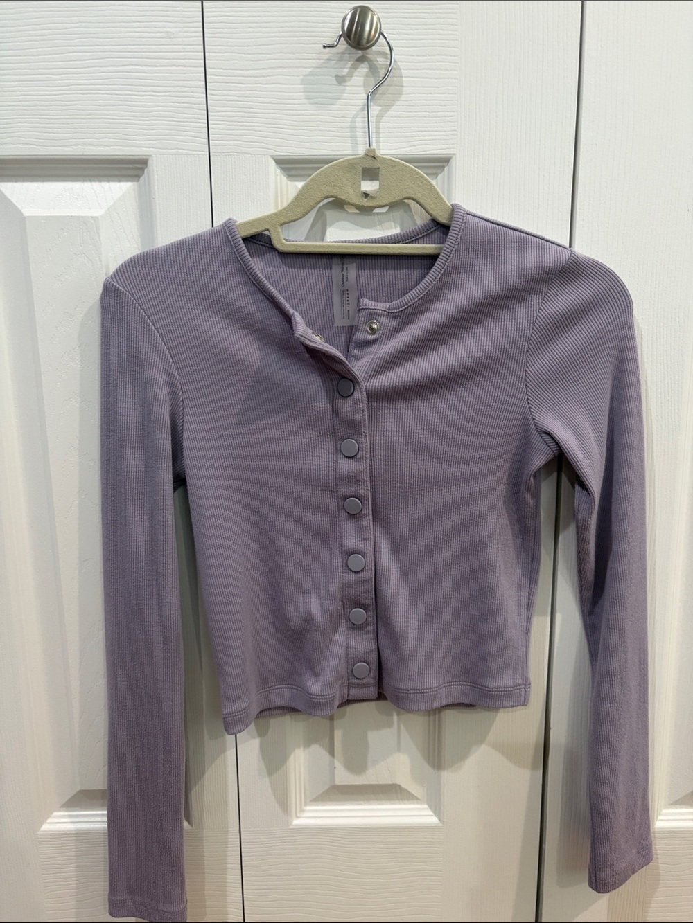 Outdoor Voices Lavender Ribbed Snap-Front Cropped Long Sleeve Top